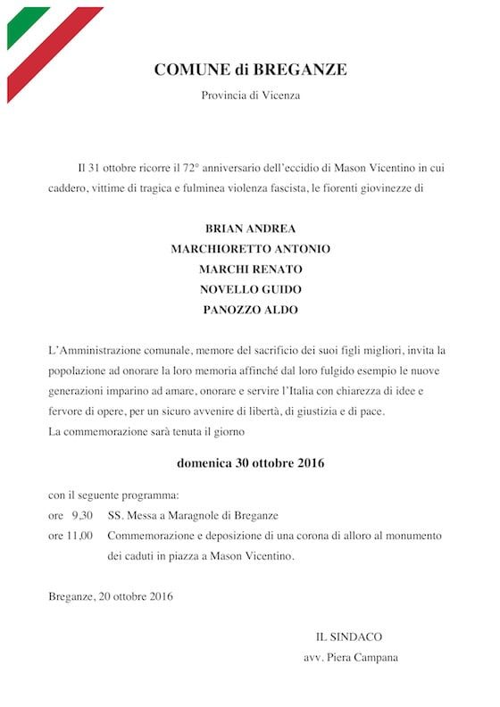 Comune di Breganze - Commemorazione dei Martiri di Maragnole