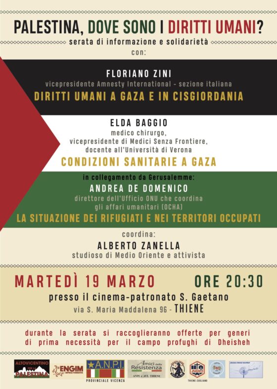 Incontro 19 marzo a Thiene: Palestina dove sono i diritti umani?
